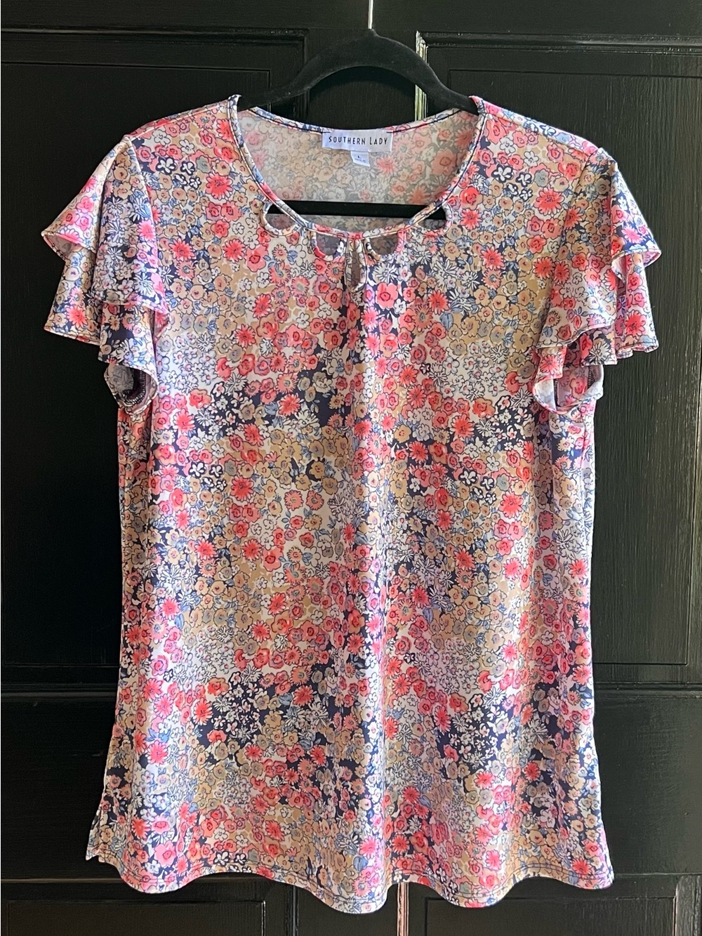 Southern Lady, Navy, Peach & Tan Floral print, Keyhole, Ruffle Sleeve Top, Large